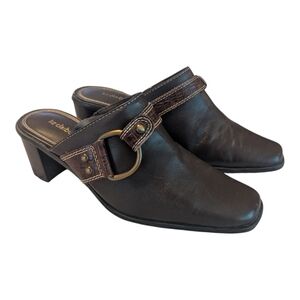 Liz Claiborne Brown Juno Leather Square Toe 2" Heeled Mule Clogs Women's 7M